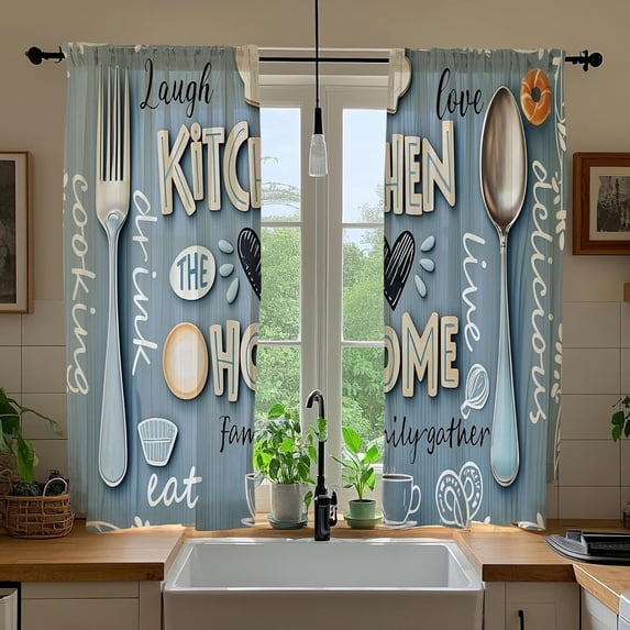 Farmhouse Blue Kitchen Curtains Vintage Country Small Short Cute Fork and Spoon Heart Window Drapes Rustic Farm Window Treatments for Bathroom Bedroom 2 Panels Window Tiers 26x36 Inch