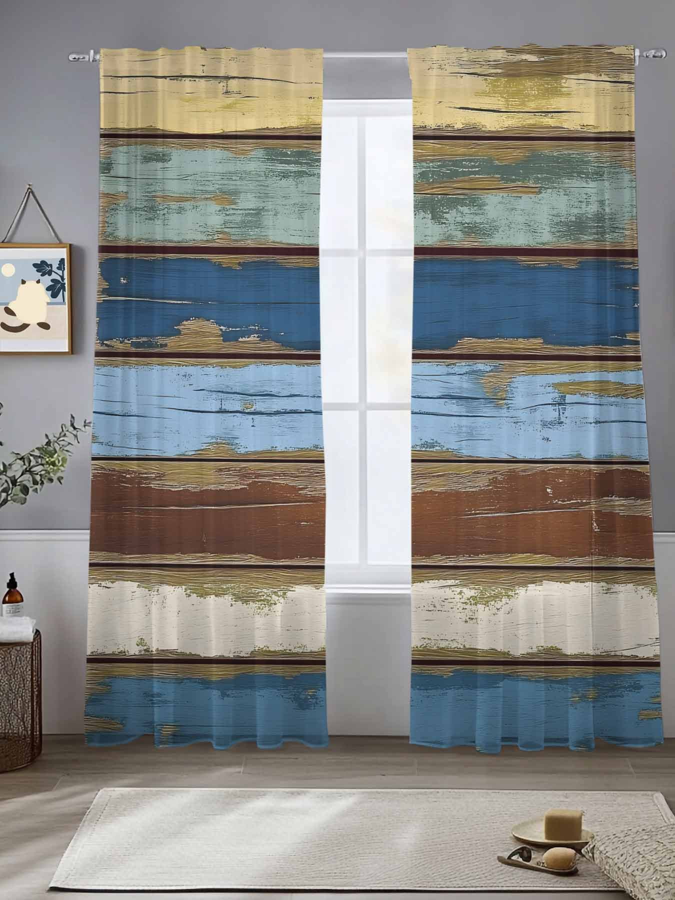 Farmhouse Blue Teal Brown Sheer Curtains for Living Room Bedroom