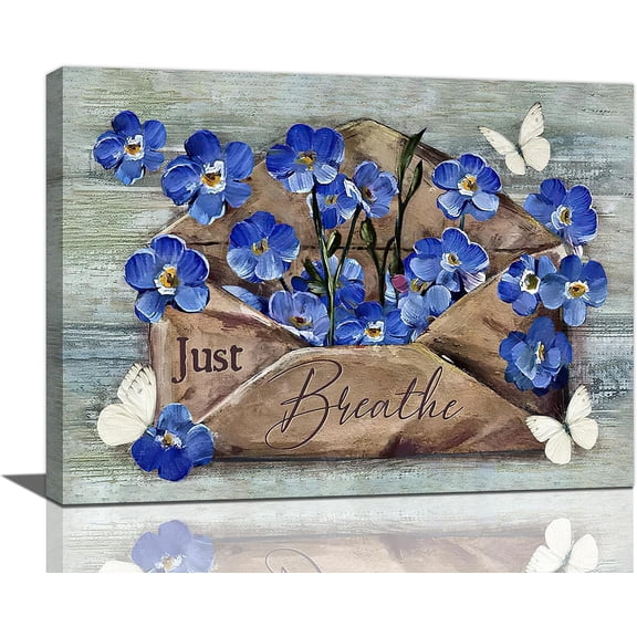 Farmhouse Blue Violet Flower Bathroom Decor Wall Art Just Breathe Rustic Butterfly Floral Wall Decor Christian Pictures Canvas Painting Print Artwork Framed for Bathroom Bedroom 16"x12"