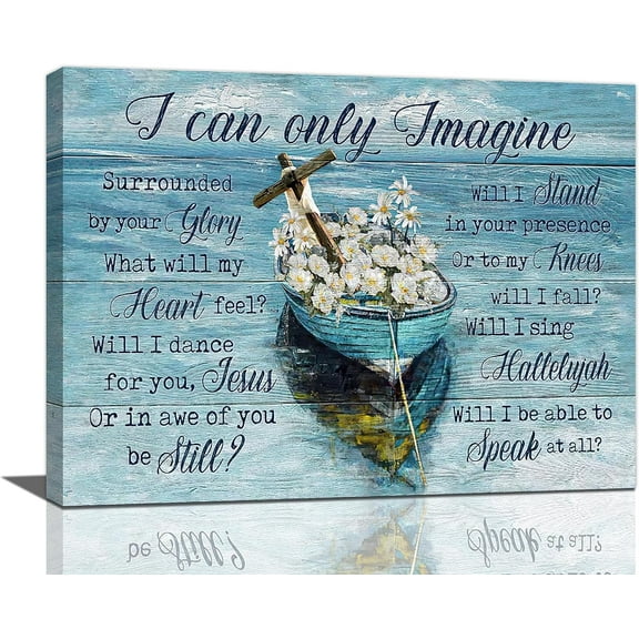 Farmhouse Boat Christian Cross Hymn Decor Wall Art Rustic Country Flower I Can Only Imagine Lake Beach Sea Blue Pictures Wall Decor Canvas Painting Prints Artwork Framed for Bathroom Kitchen 16"x12"