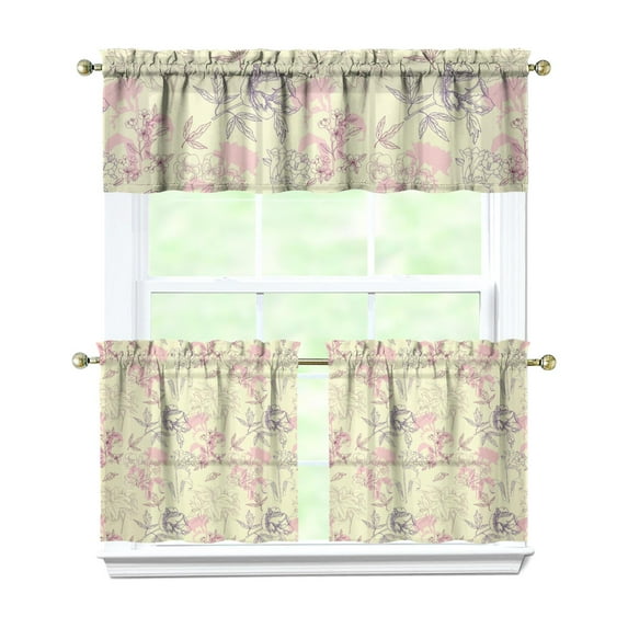 Farmhouse Bohemian Curtains 24" Short - 3 Panel Floral Vintage Set with Rustic Botanicals, Rod Pocket