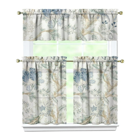 Farmhouse Bohemian Curtains 36 Inch Short - 3 Panel Floral Vintage Set with Rustic Botanicals, Rod Pocket Window Treatment for Country Style