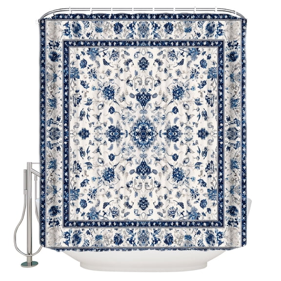 Farmhouse Boho Bathroom Shower Curtains with 12 Hooks Polyester Waterproof Shower Curtain for Stalls and Bathtubs Blue Country Vintage Chic Abstract Floral Decorative Bathroom Curtain 36x72 Inches