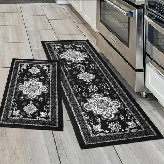 Farmhouse Boho Black Kitchen Mats for Floor Set of 2, Gothic Geometric Kitchen Floor Mat Runner Rug Carpet Boho Grey Black Kitchen Decor and Accessories Stuff, 17x30 and 17x47 Inches