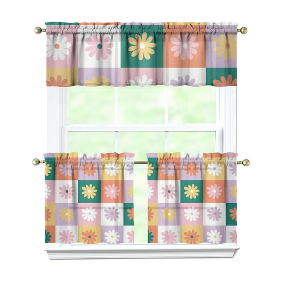Farmhouse Boho Curtains 24 Inch - 3 Panel Vintage Wildflower Set with Rustic Floral Print, Country Kitchen Window Drapes