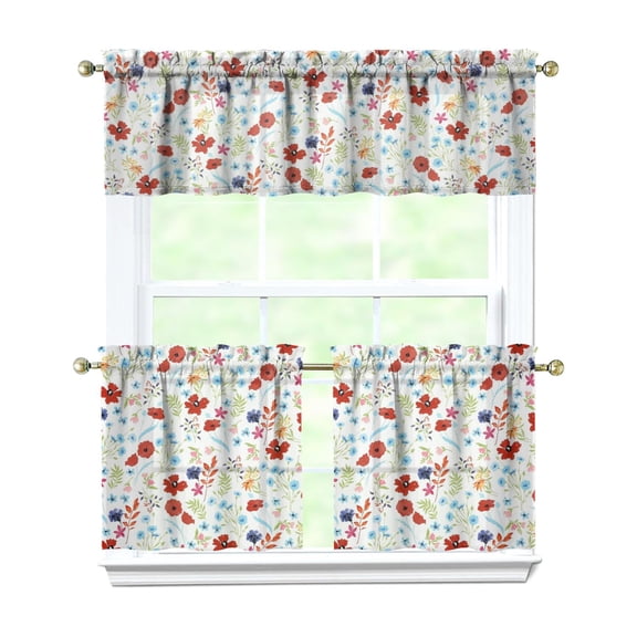 Farmhouse Boho Curtains 24 Inch - 3 Panel Vintage Wildflower Set with Rustic Floral Print, Country Kitchen Window Drapes