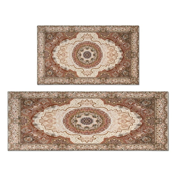 Farmhouse Boho Dark Brown Pattern Rugs and Mats Non Skid Washable Absorbent Microfiber Soft Kitchen Mat for Floor Set Of 2 Decor Stain Resistant 17"x47"+17"x30"