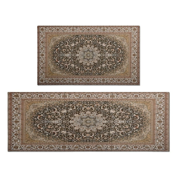 Farmhouse Boho Dark Brown Pattern Rugs and Mats Non Skid Washable Absorbent Microfiber Soft Kitchen Mat for Floor Set Of 2 Decor Stain Resistant 17"x47"+17"x30"