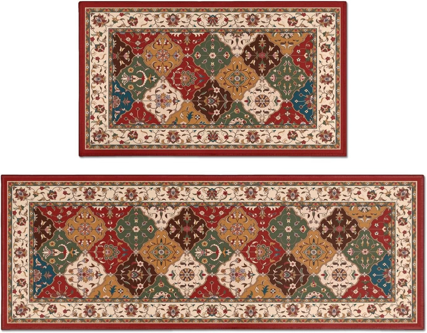 Farmhouse Boho Kitchen Rugs and Mats Set of 2, Red Boho Kitchen Rug ...