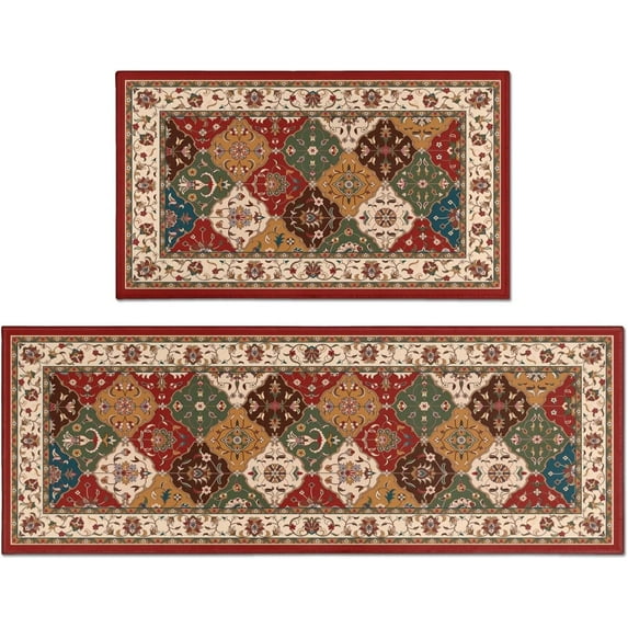 Farmhouse Boho Kitchen Rugs and Mats Set of 2, Red Boho Kitchen Rug, Washable Non Skid Floor Mat for Home Kitchen Decor - 17x29 and 17x47 Inch