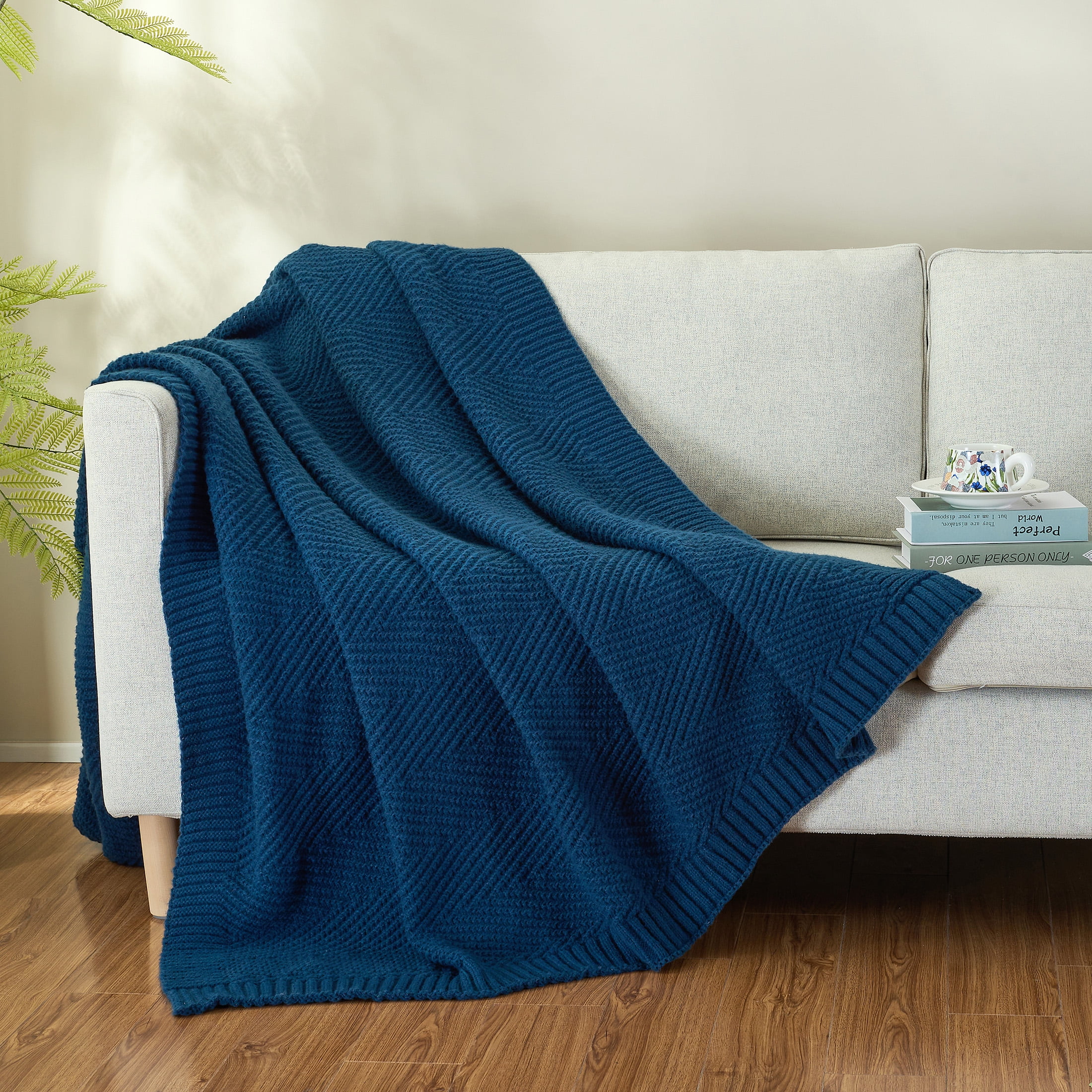 LONG CREATE Soft Knitted Throw Blanket 50" x 60" Navy Blue, Boho Chevron Farmhouse Throw for Bed Couch
