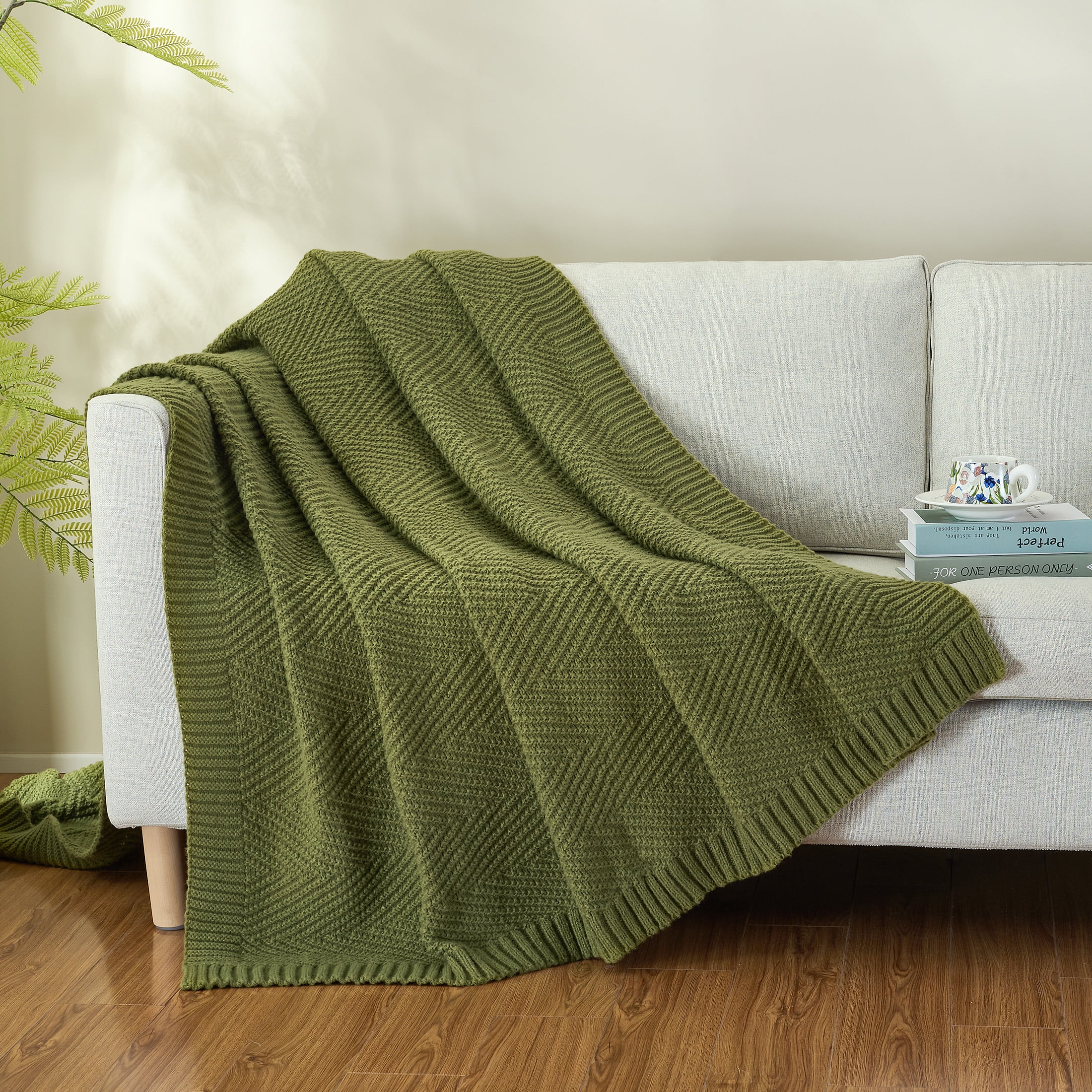 LONG CREATE Soft Knitted Throw Blanket 50" x 60" Olive Green, Boho Chevron Farmhouse Throw for Bed Couch