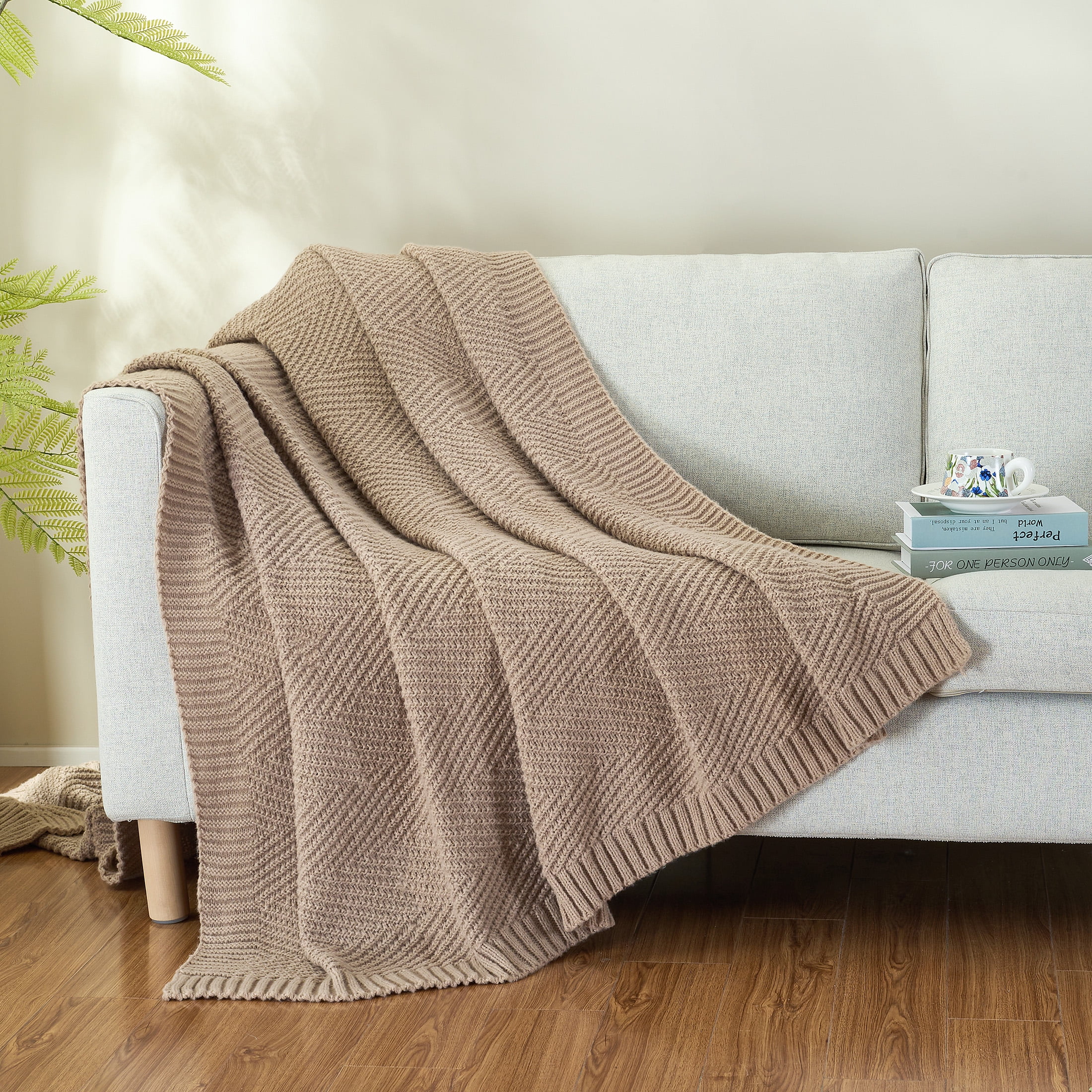 LONG CREATE Soft Knitted Throw Blanket 50" x 60" Taupe, Boho Chevron Farmhouse Throw for Bed Couch