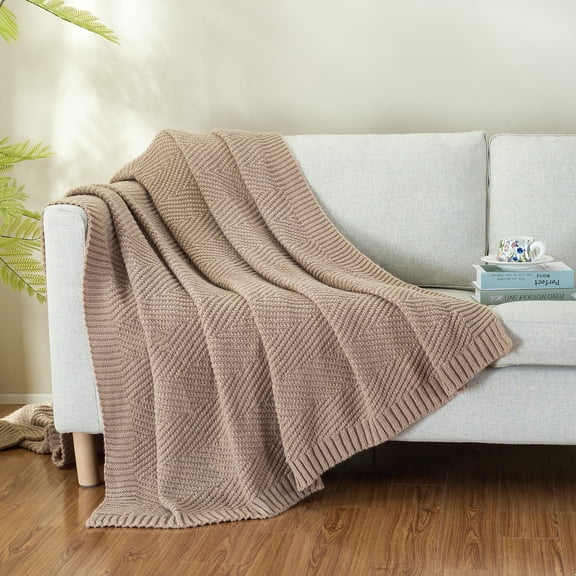 LONG CREATE Soft Knitted Throw Blanket 50" x 60" Taupe, Boho Chevron Farmhouse Throw for Bed Couch