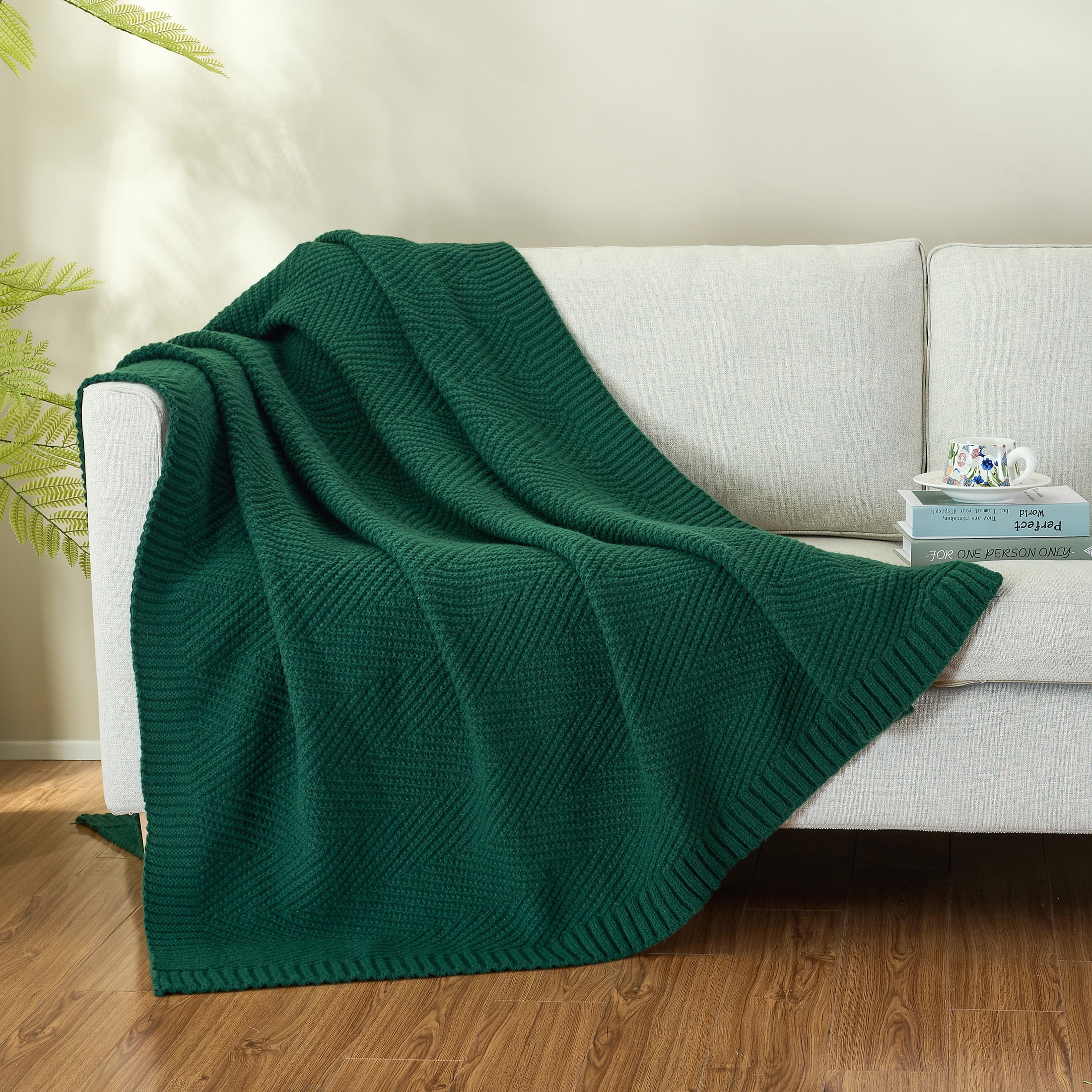 LONG CREATE Soft Knitted Throw Blanket 60" x 80" Dark Green, Boho Chevron Farmhouse Throw for Bed Couch