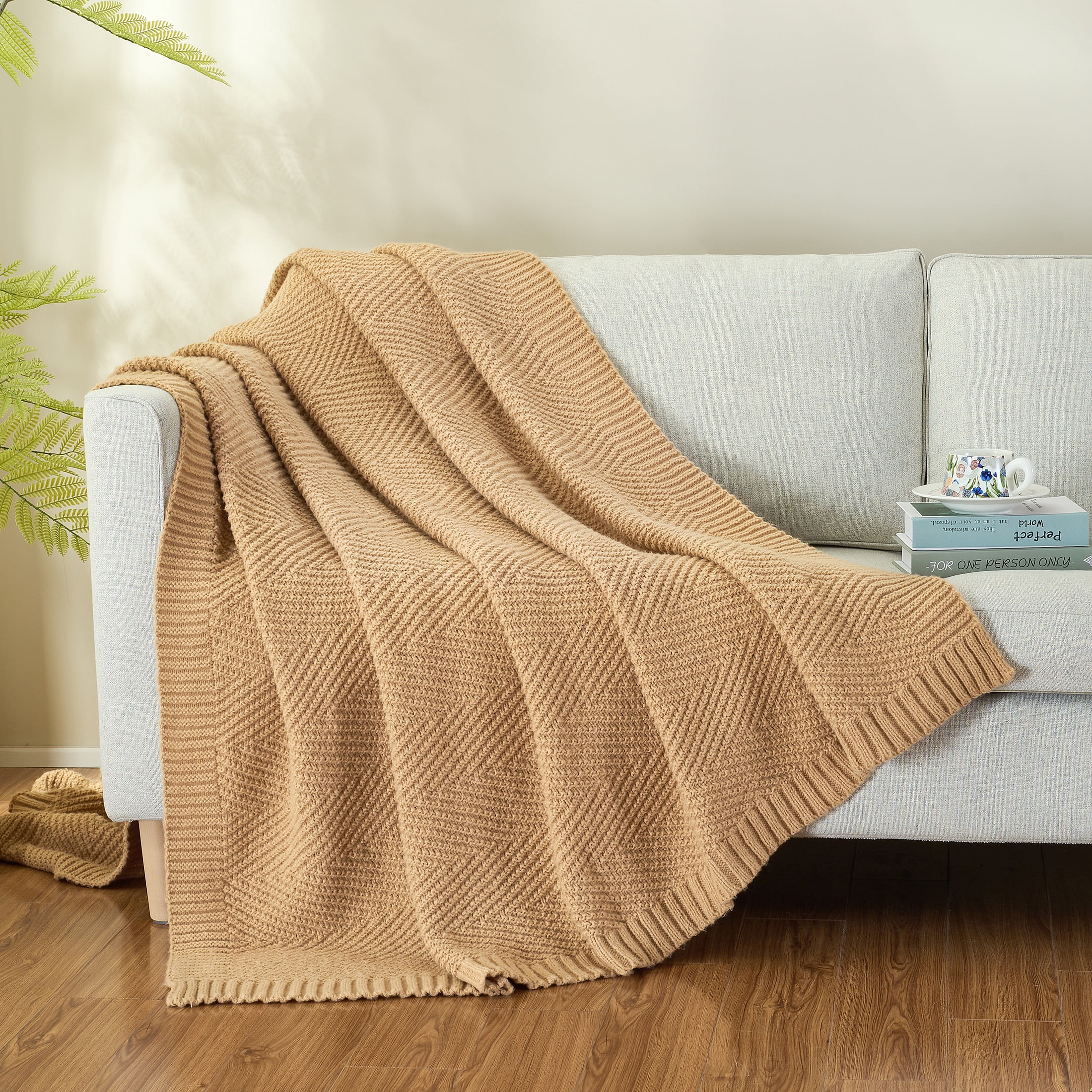 LONG CREATE Soft Knitted Throw Blanket 60" x 80" Tan Brown, Boho Chevron Farmhouse Throw for Bed Couch