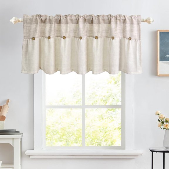 Farmhouse Boho Linen Button Valance for Kitchen Window Dining Room Rustic Cafe Cotton Valance for Small Windows Bathroom Bedroom Vintage Macrame Valances Rod Pocket 1 Panel (Beige,W39 L20 inch)