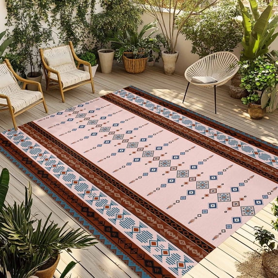 Farmhouse Boho Outdoor Rug for Patio/Deck/Porch, Non-Slip Large Area Rug 6 x 9 Ft, Retro Ethnic Traditional Patterned Indoor Outdoor Rugs Washable Area Rugs, Reversible Camping Rug Carpet Runner