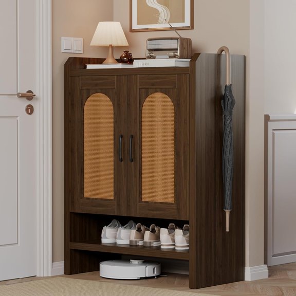 Farmhouse Boho Rattan Shoe Storage Cabinet with Doors, Wooden Entryway Organizer