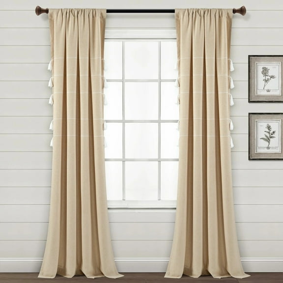 Farmhouse Boho Stripe Woven Tassel Yarn Dyed Cotton Window Curtain Panels Wheat/White 42X84 Set