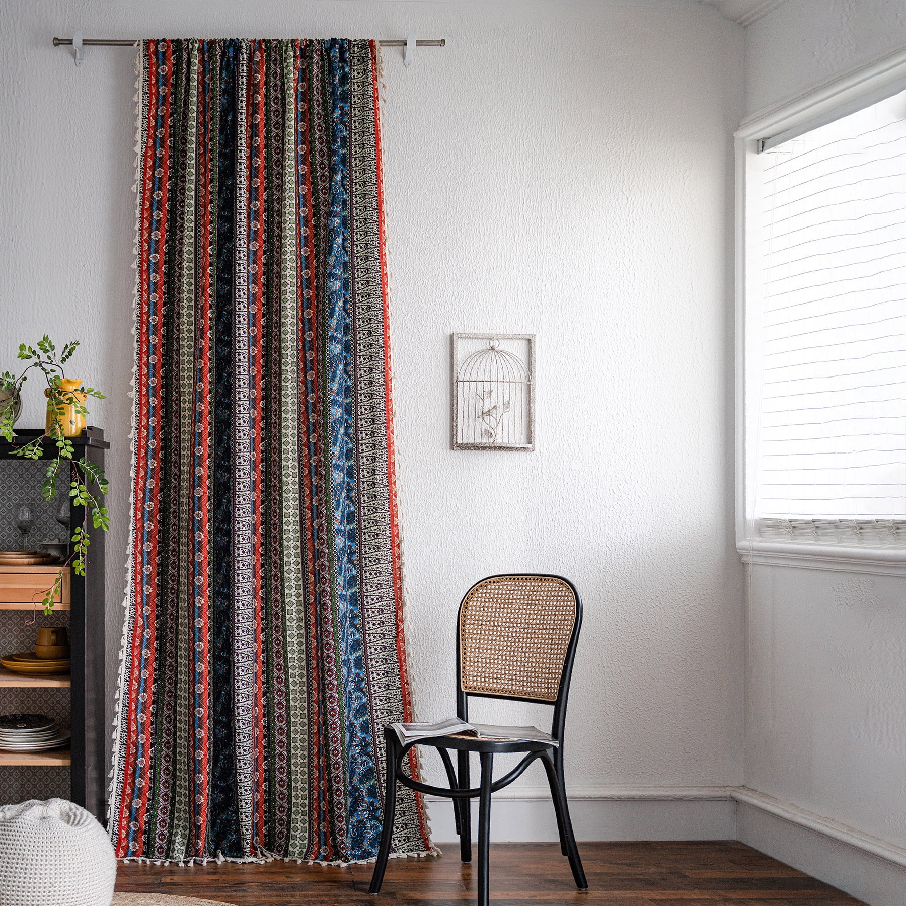 VOGOL Farmhouse Boho Striped Tassels Window Decor, Semi Blackout Bohemian Geometric Curtains for Dining Room Office, 1 Panel, Rod Pocket, 59 x 94 Inches, Red CURTAIN & Blue