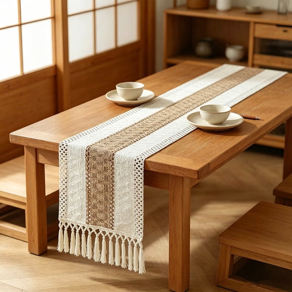 Farmhouse Boho Table Runner - 48 Inches, Linen-Textured Woven Tassel Design for Dining Table Decor, Kitchen, Coffee Table & Living Room, 12 x 48 Inch