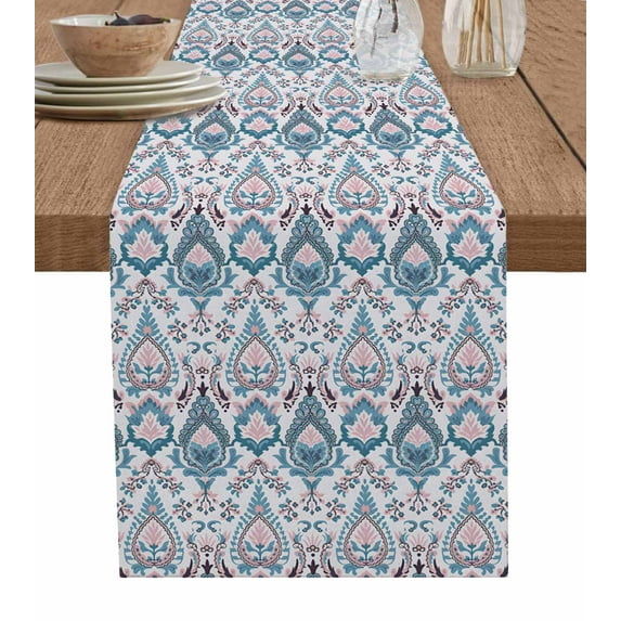 Farmhouse Boho Table Runner Cotton Linen 36 Inch Holiday Dresser Scarves, Vintage Tribal Ethnic Abstract Flower Tablerunner for Kitchen Coffee Dining Bedroom Living Room Dinner Scarf Décor 13''x36''