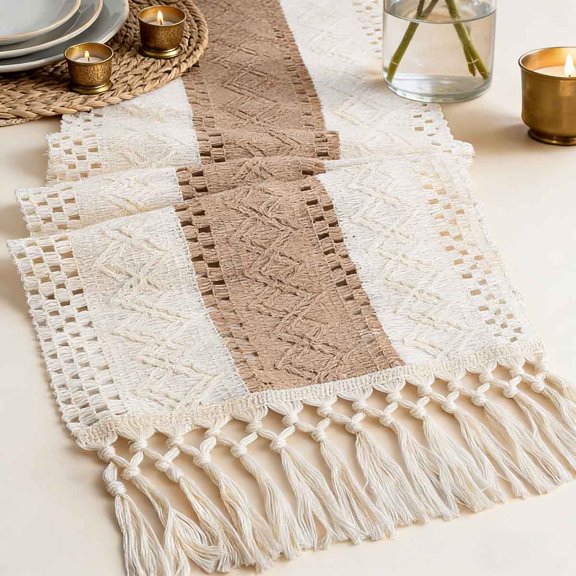 Farmhouse Boho Table Runner - Linen-Textured Woven Tassel Design for Dining Table Decor, Kitchen, Coffee Table & Living Room, Brown