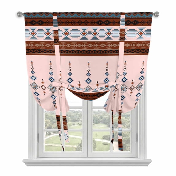 Farmhouse Boho Tie Up Curtains for Windows, Adjustable Balloon Window Shades, Retro Ethnic Traditional Patterned Kitchen Window Treatments Adjustable Roll Up Curtain for Basement/Nursery 52"x45"