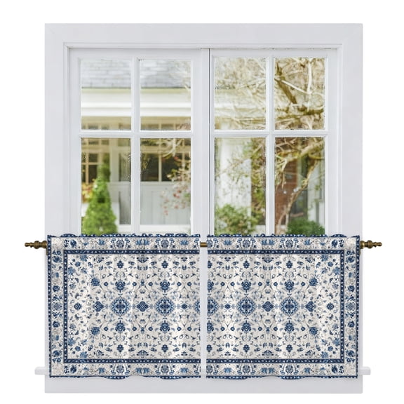 Farmhouse Boho Tier Curtains 24 Inch Length, Blue Country Vintage Chic Abstract Floral Cafe Short Curtains for Bathroom Over Sink, Small Kitchen Curtain Light Filtering Drapes 2 Panels 27.5"Wx24"L