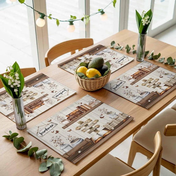 Farmhouse Book Flower Butterfly Vase Fence Placemats Set of 4,Wipeable Washable Table Mats for Dining Tables, Vintage Rustic Wood Place Mats for Kitchen Event Party Tabletop Decor