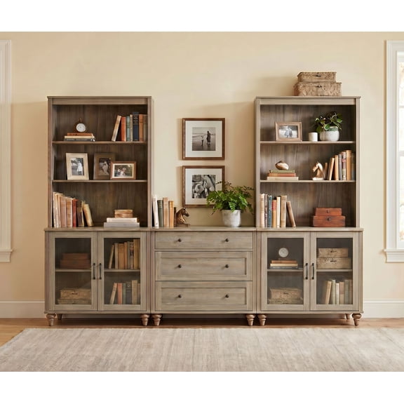 Farmhouse Bookcase With 4 Glass Doors and 3 Drawers, Wash Gray, 101.6" W