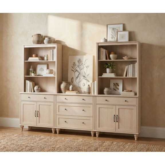 Farmhouse Bookcase With 5 Drawers and 4 Doors, Beige, 101.6" W
