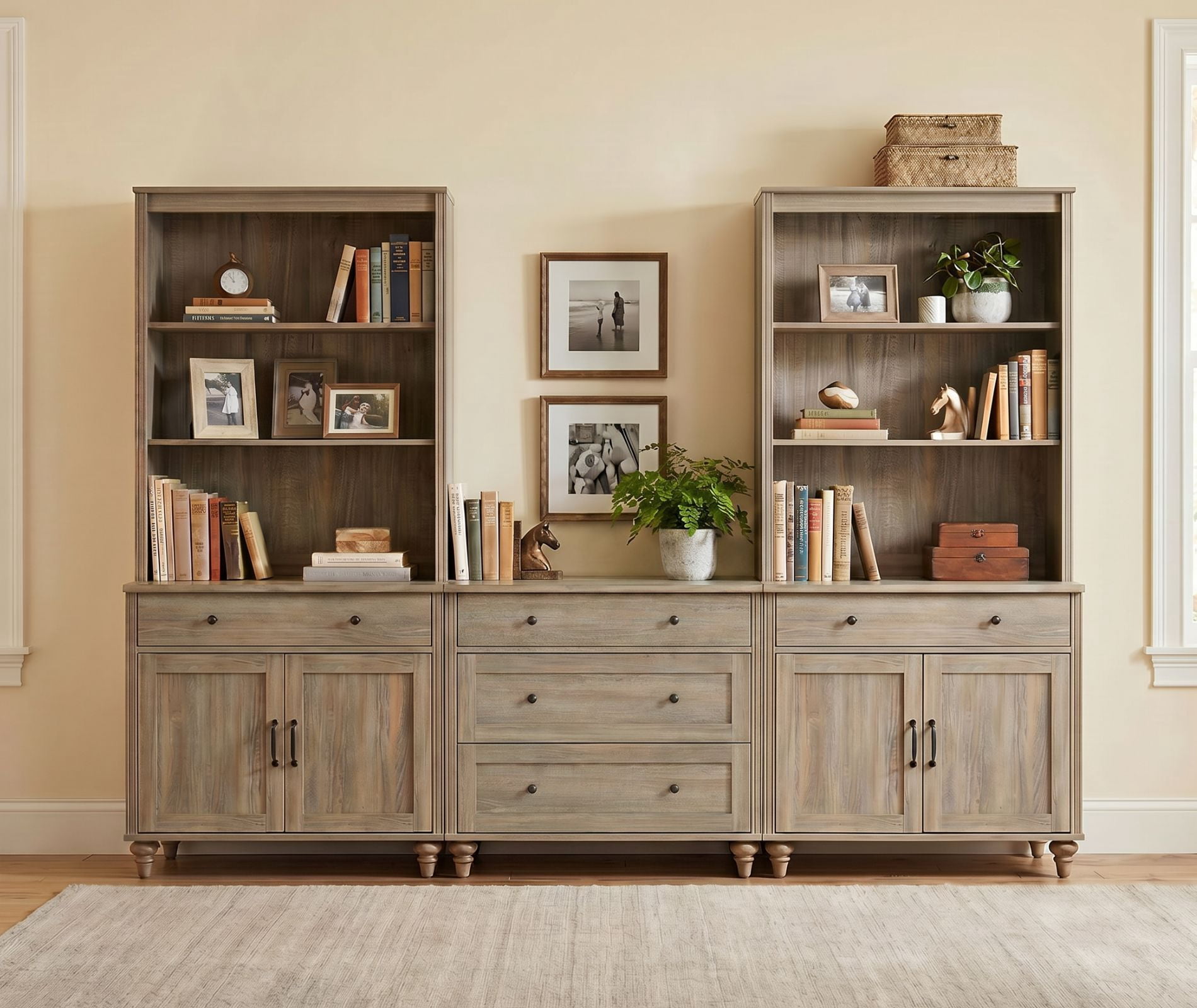 Farmhouse Bookcase With 5 Drawers and 4 Doors, Wash Gray, 101.6" W