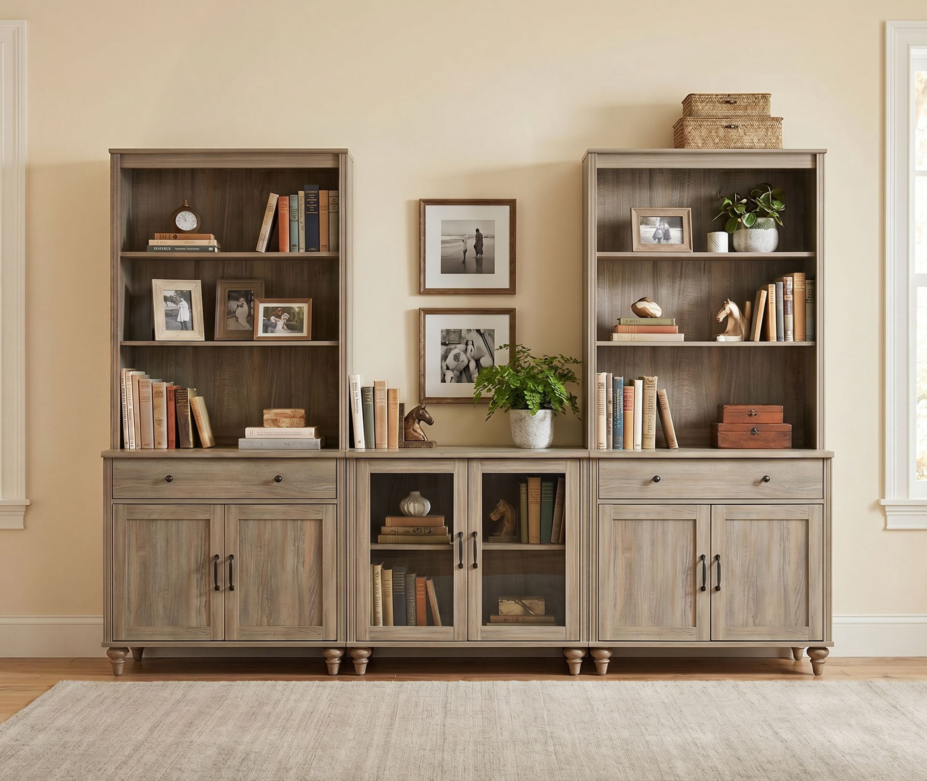 Farmhouse Bookcase With Doors & Drawers, Wash Gray, 101.6" W
