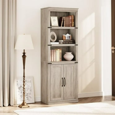 Farmhouse Bookcase with Cabinet, 5 Tier Wooden Bookshelf with Large Storage Shelf & Doors for Home Office, Gray(12.9"D x 24.4"W x 68.7"H)