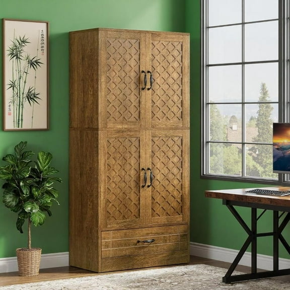 Farmhouse Bookcase with Doors & Drawer, Tall Storage Cabinet, Rustic Brown, 70 H