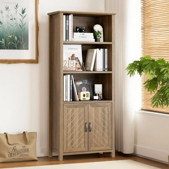 Farmhouse Bookshelf 5 Tier Bookcase with Doors and Adjustable Shelves, 70 in Tall Bookshelf with Storage Cabinet, Free Standing Storage Book Shelf for Home Office, Living Room(Walnut)