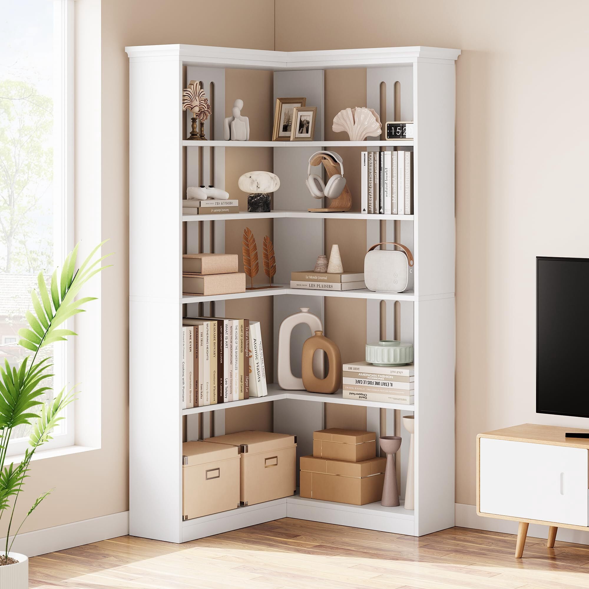 Farmhouse Bookshelf Corner Bookcase 72.8” Large Bookcase Wood Bookshelf ...