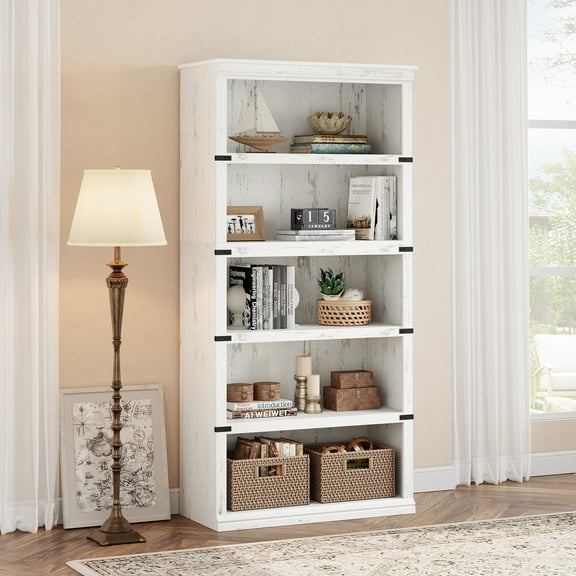 Farmhouse Bookshelf with Storage, Open Display Bookcases, Floor Standing Bookcase for Home Office, Living Room, and Bedroom Decor Furniture