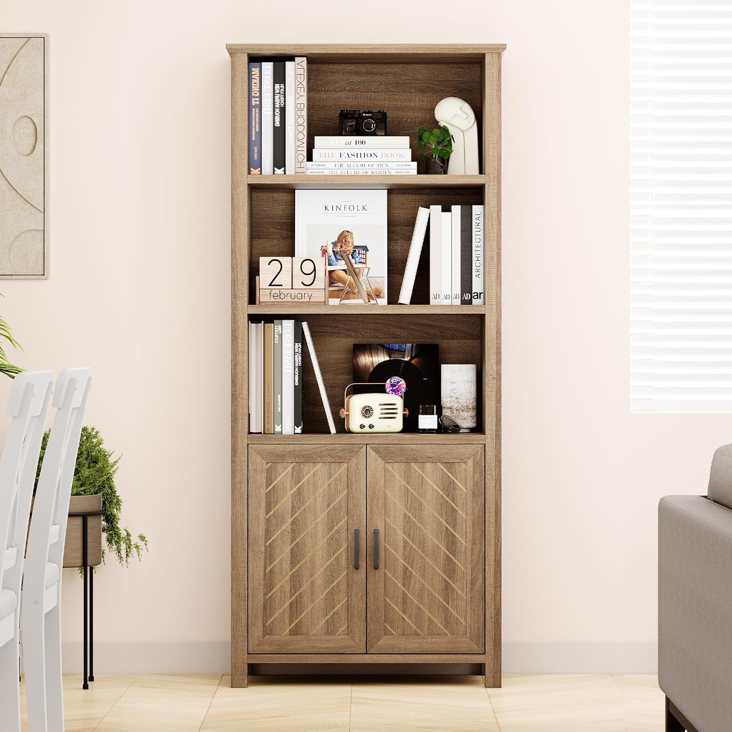 Farmhouse Bookshelves with Doors, 5-Tier Storage Bookcase with ...