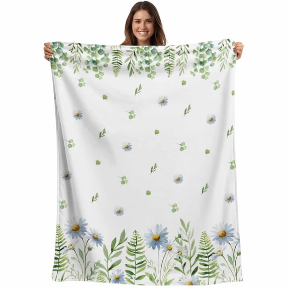 Farmhouse Botancial Blanket Soft Cozy Warm Throw Blanket for Couch, Plush Fuzzy Flannel Fleece Blankets for Sofa, Pastoral Daisy Leaves Watercolor Bed Blankets Lightweight Gifts for Women, 50"x60"