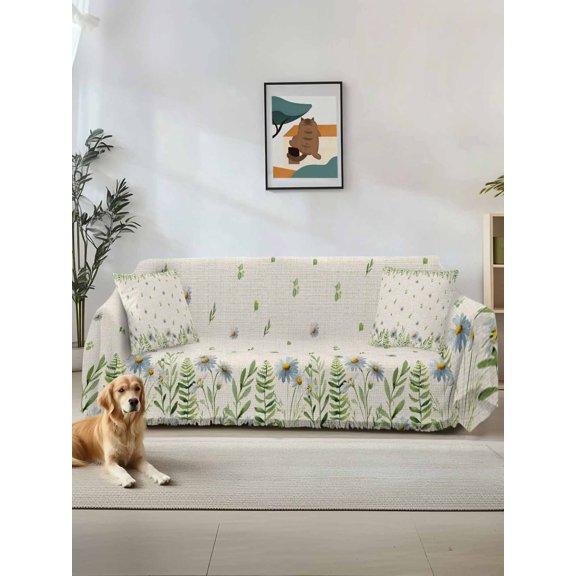 Farmhouse Botancial Couch Cover, Pastoral Daisy Leaves Rustic Burlap Sofa Cover Blanket for Loveseat Couches, Sectional Sofa Slipcover Furniture Protector for Living Room Bedroom 71''x118''