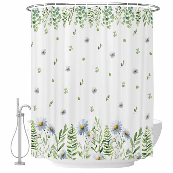 Farmhouse Botancial Shower Curtain, Waterproof Shower Curtains for Bathroom, Pastoral Daisy Leaves Watercolor Washable Fabric Bathtub Curtain Set Bath Decor with 12 Hooks Standard 72"x72"
