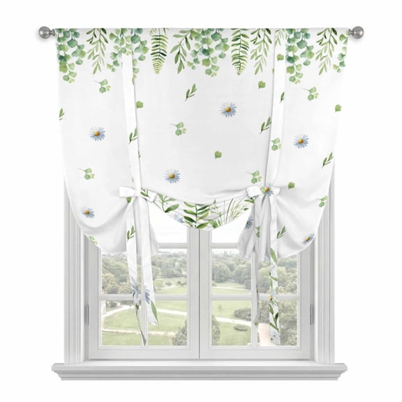 Farmhouse Botancial Tie Up Curtains for Window, Thermal Insulated Balloon Shade Adjustable Rod Pocket Curtains Valance Panels for Kitchen Bathroom Cafe 34 x 45 Pastoral Daisy Leaves Watercolor