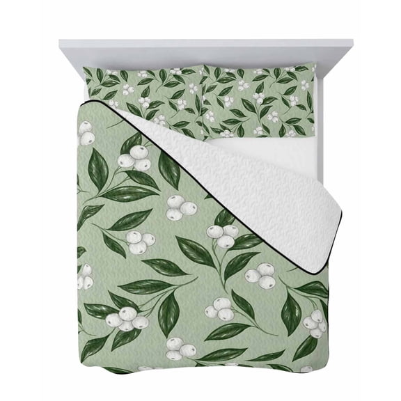 Farmhouse Botanical 3 Piece Quilt Set Twin Size, Rustic Green Leaf White Berry Leafy Branch Soft Bedspread Coverlet Bedding Set Microfiber Lightweight Comforter Set with 2 Pillowcases for Bedroom