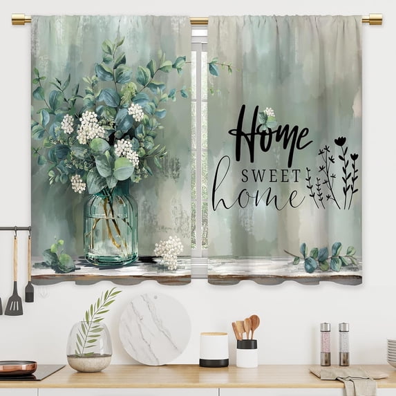 Farmhouse Botanical Green Leaves Floral Plant Country Kitchen Short Cafe Small Curtains
