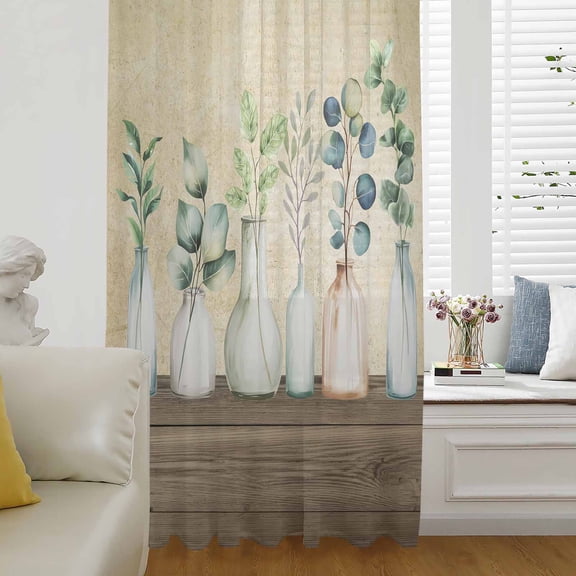Farmhouse Botanical Semi Sheer Curtains Drapes for Living Room,Bedroom,French Doors Window 54 Inches Long,Bottles Plans Country Brown Wooden Grain Rod Pocket Chiffon Curtain Voile Drapery Panel