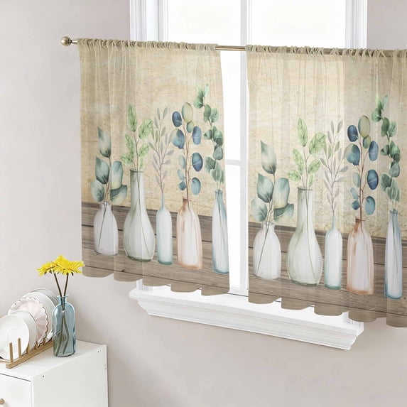 Farmhouse Botanical Sheer Curtains 45 Inch Length 2 Panels Set Window Treatments, Bottles Plans Country Brown Wooden Grain Rod Pocket Semi Curtains for Living Room/Bedroom/Kitchen, 104"W x 45"L
