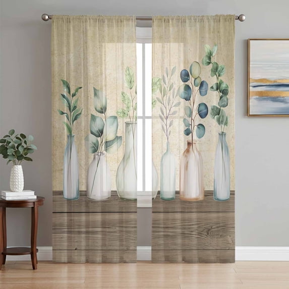 Farmhouse Botanical Sheer Curtains 96 Inch Length 2 Panels Set Window Treatments, Bottles Plans Country Brown Wooden Grain Rod Pocket Semi Curtains for Living Room/Bedroom/Kitchen, 104"W x 96"L